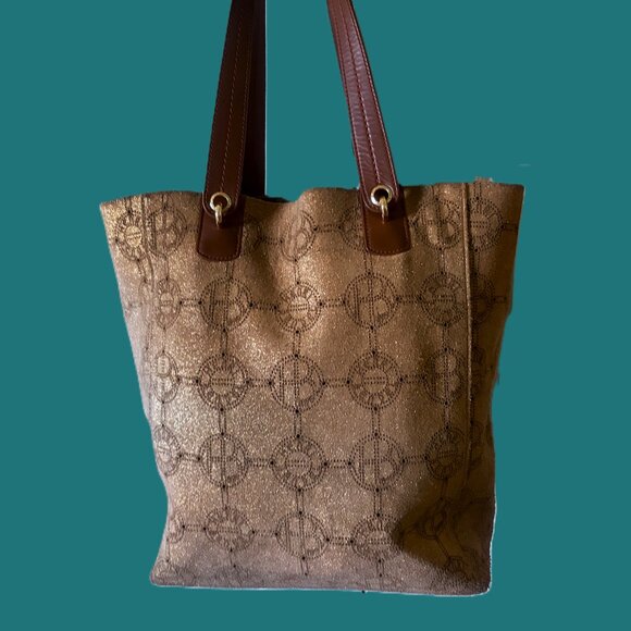 Henri Bendel Large Metallic Pierced Suede Shoulder Bag Carmel Leather EUC - Picture 6 of 12